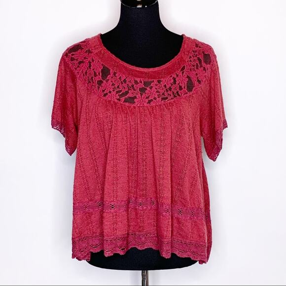 Free People Tops - Free People maroon red lace shoulder knit top size Extra Small XS
